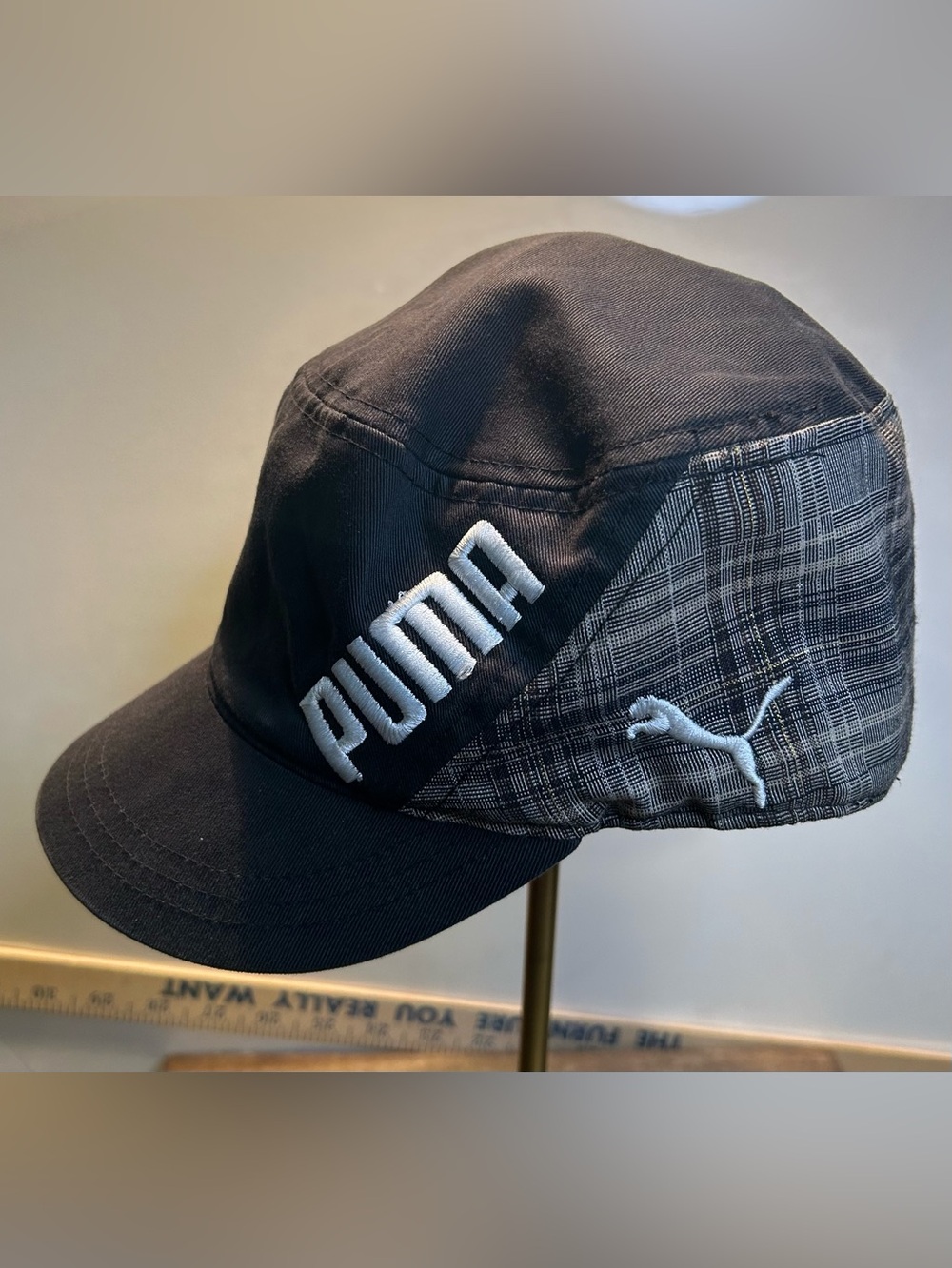 Vintage Puma 5 Panel Black Plaid Camper Cap White Embroidered Logo Sz L/XL